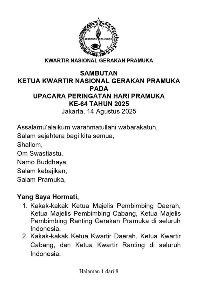 Sambutan Ketua Kwarnas pada Upacara Peringatan Hari Pramuka ke-64 Tahun 2025 1 Sambutan Upacara Peringatan Hari Pramuka KE 64 TAHUN 2025 page 0001